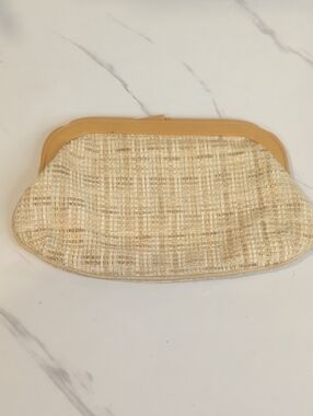Vintage 1960s Woven Straw Clutch in Tan, Mint Green and Cream